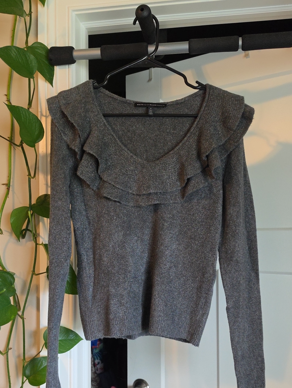 White House Black Market Gray Ruffle-Trim V-Neck Sweater